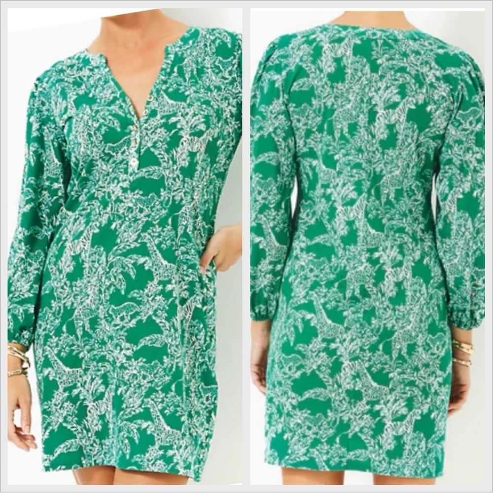 Lilly Pulitzer Emery Dress Fiddle Leaf Green Safari Size Large New with Tags - Picture 2 of 8